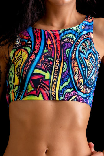 Women's Psychedelic Doodle Print Stretch Yoga Festival Rave Beach Crop Top | Shrine Clothing - SHRINE